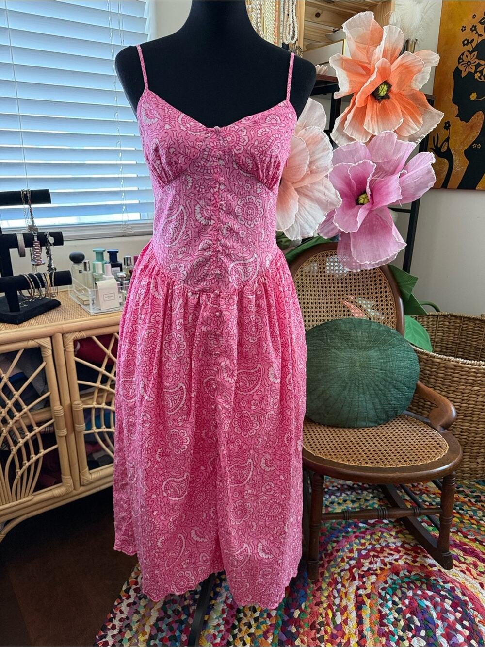 Roller Rabbit X Target Pink Paisley Floral Drop Waist Milkmaid Boho Midi Dress
